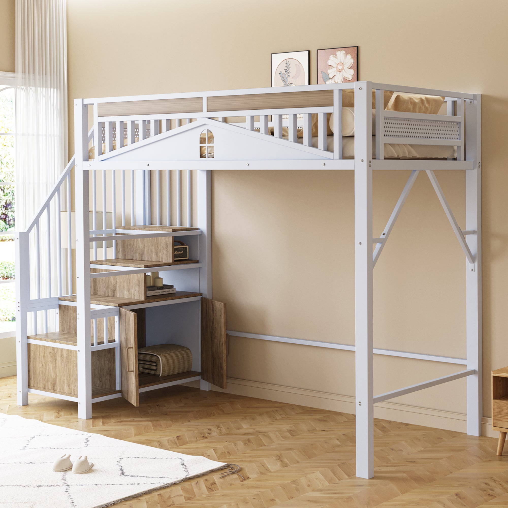 Lit mezzanine métallique 90x200 - avec barrière de sécurité unique, échelle avec penderie - Blanc - 2