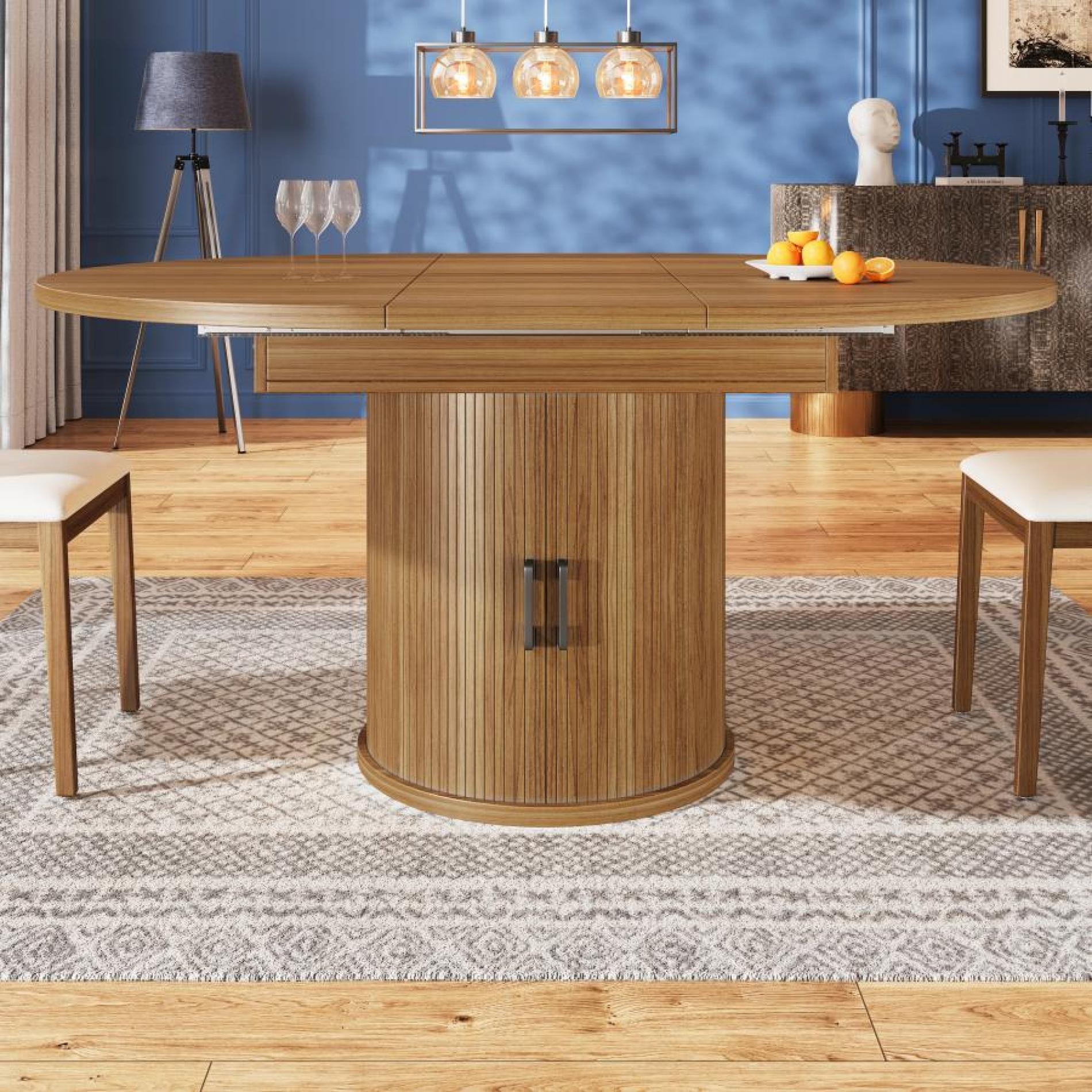 Rozkładany okrągły stół z drewna orzechowego – 118–158 cm, elegancki design z miejscem do przechowywania, dla 6 osób, regulowane nóżki - 4