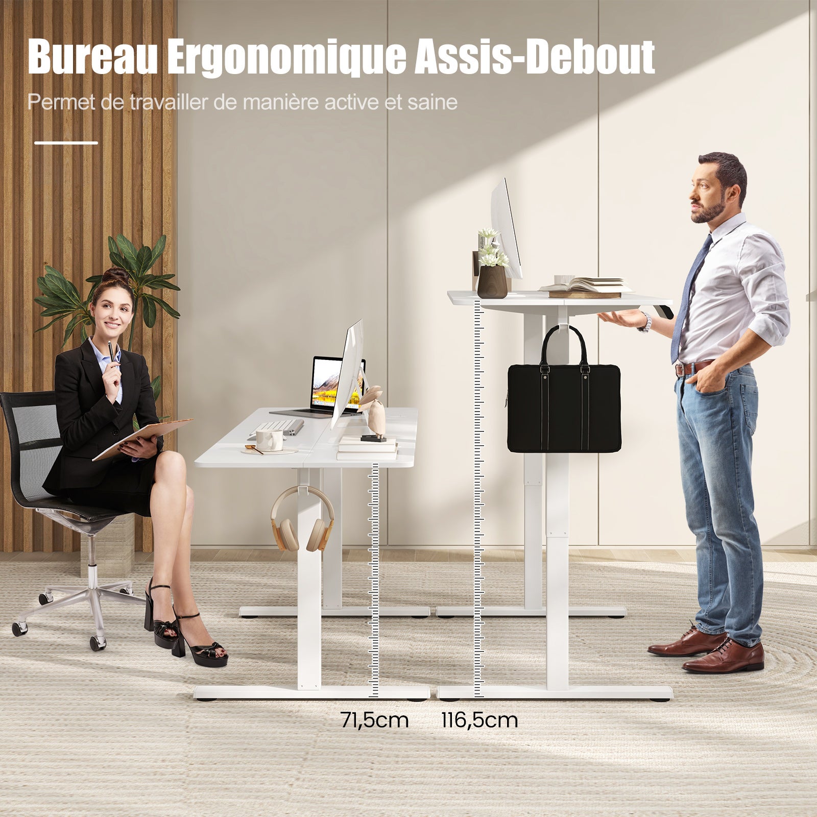 Bureau Assis Debout Electrique Réglable en Hauteur 160 x 60 x 72-117CM, Bureau Electrique avec 2 Crochets, Trous de Câbles, Charge 91KG, Blanc - 3
