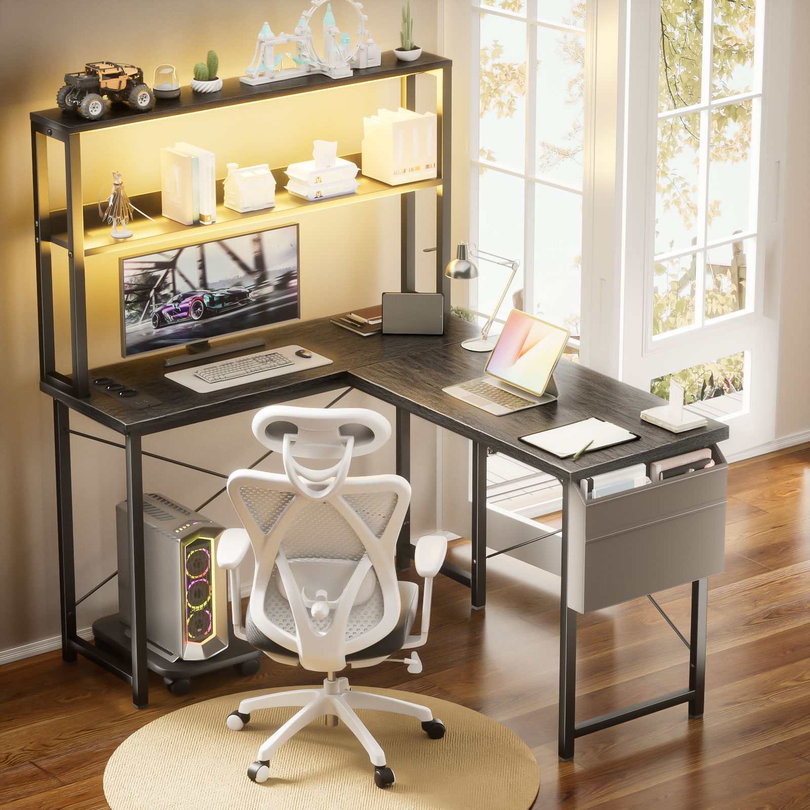 Bureau Gaming L-Forme 148cm avec LED, 3 Prises AC + 2 Ports USB, Étagères à Double Niveau, Réversible - 7