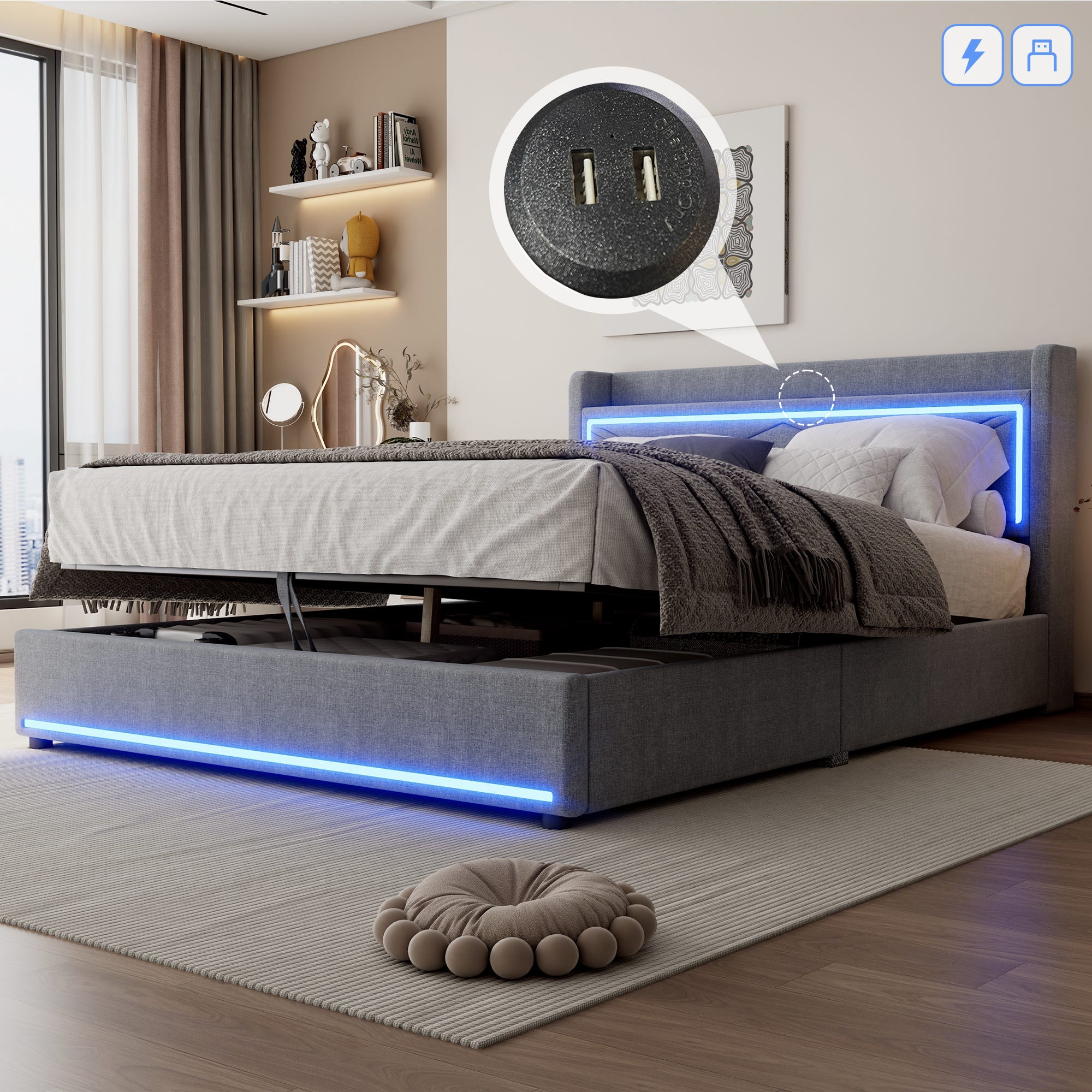 Bgsryao Letto imbottito 160 x 200 cm con deposito, testiera con ricarica USB Type-C, telaio letto in lino con rete a doghe, grigio (materasso non incluso Bgsryao Letto imbottito 160 x 200 cm con deposito, testiera con ricarica USB Type-C, telaio letto in lino con rete a doghe, grigio (materasso non incluso