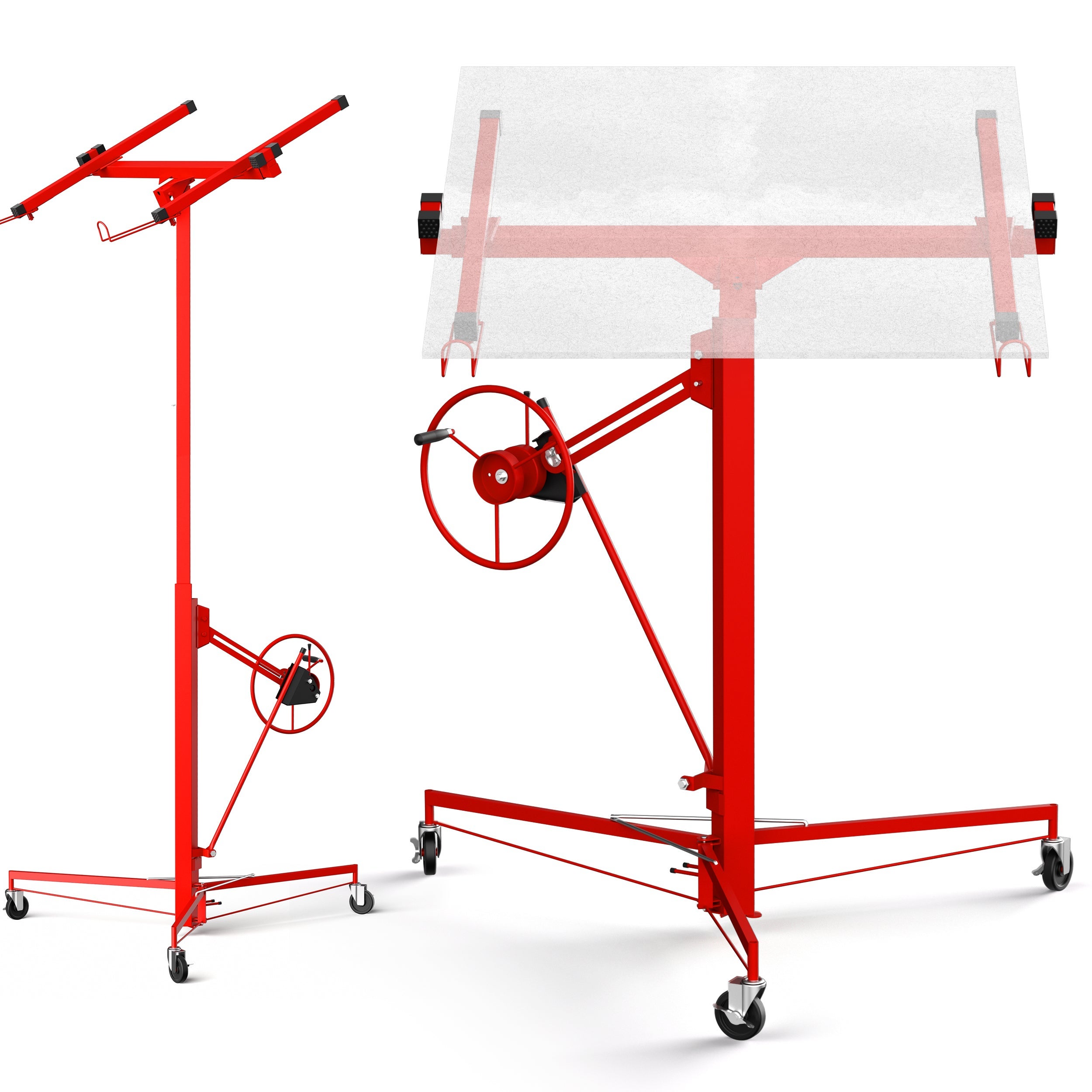TEENO Lève-plaques de plâtre et de plafond : Max. 68 kg, hauteur 140-325 cm, pliable avec 3 roues à frein pour transport. - 8