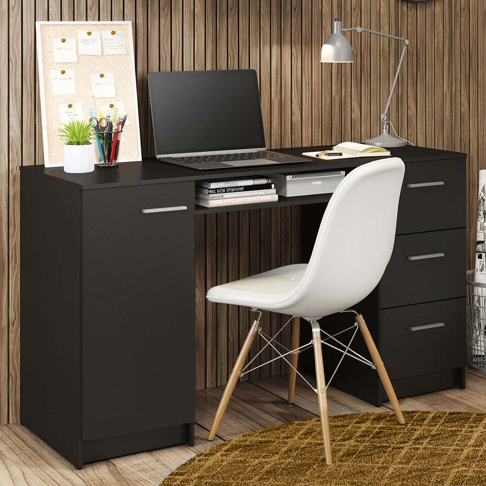 Madesa Scrivania Scrivania Ufficio e Studio con 3 cassetti e 1 porta Postazione di Lavoro 136 x 45 x 77 cm in legno Nero Leroy Merlin