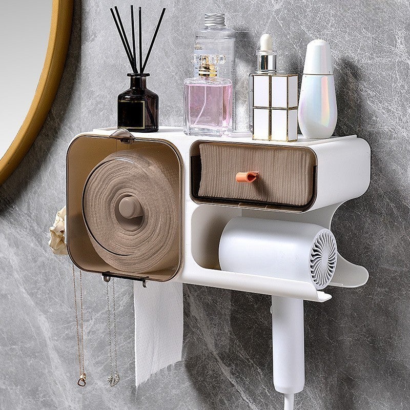Suszarka do włosów, półka ścienna do łazienki, bez otworu, uchwyt na chusteczki, biały, 34*17*13 cm