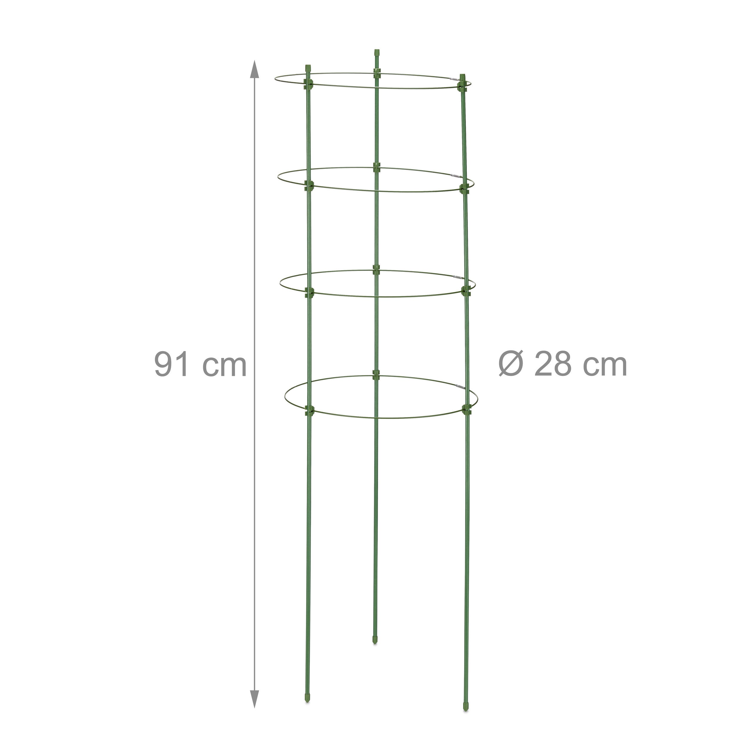 Tuteur à tomates, lot de 4, 4 anneaux, H x D : 91 x 28 cm, pour plantes utilitaires, métal & plastique, vert, Relaxdays - 4