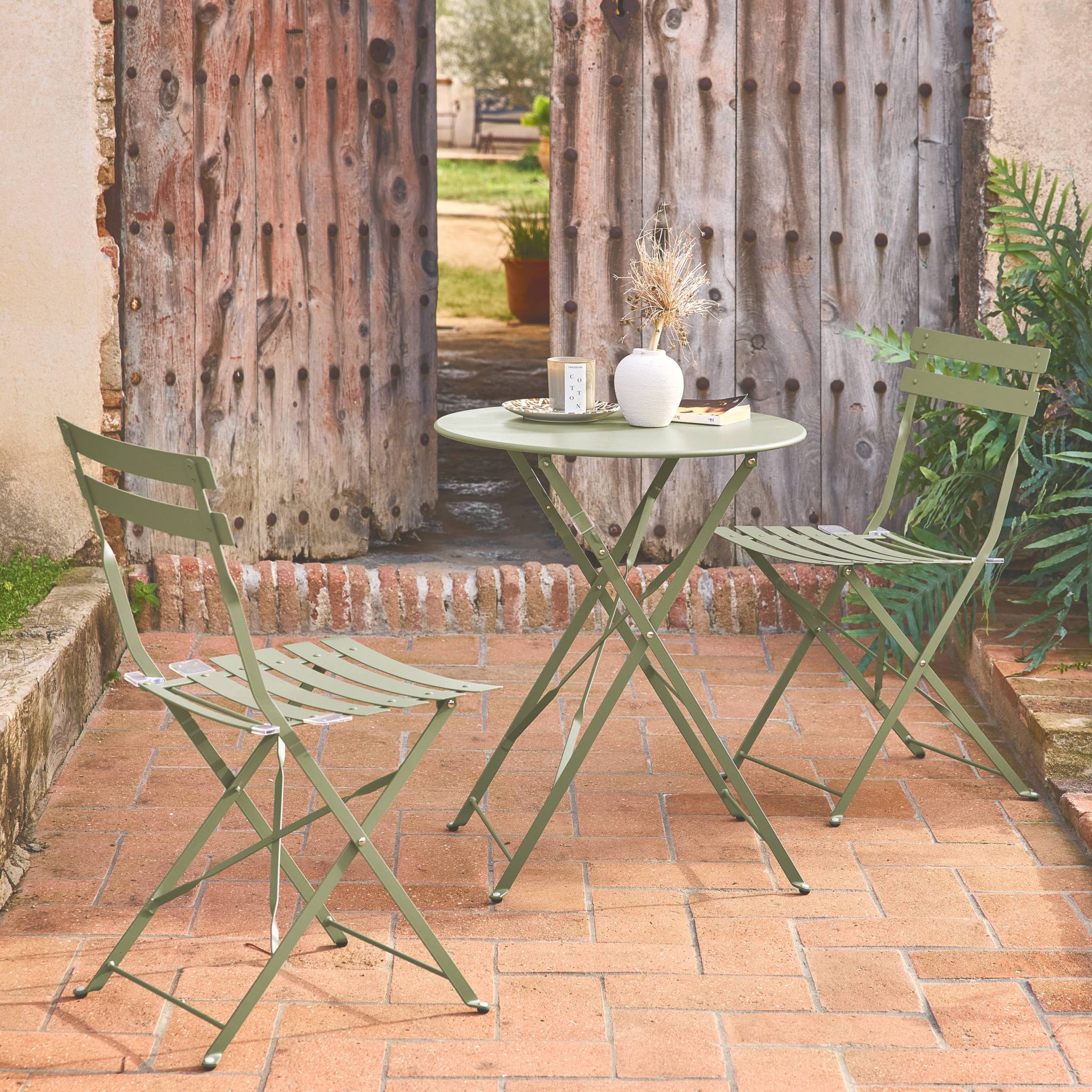 Table de jardin bistrot pliante métal + 2 assises vert de gris Ø60 x 70cm. acier thermolaqué EMILIA - 2