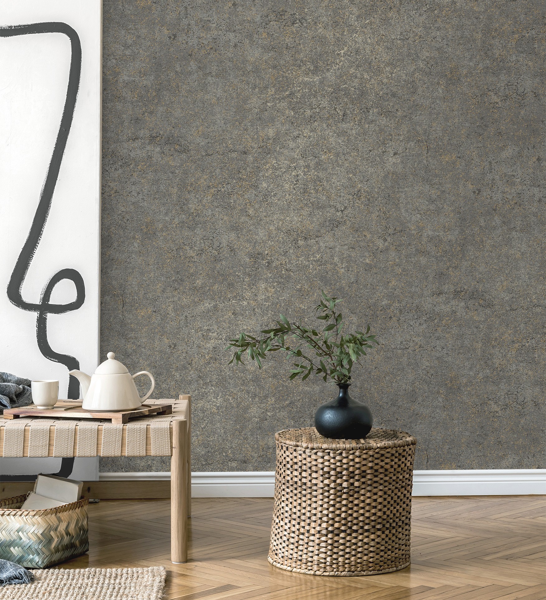 Papel pintado vinílico ecológico efecto piedra natural texturizado en arena tonos ahumados - oni stone 681870 de gaulan - rollo de 10 m x 0,52 m