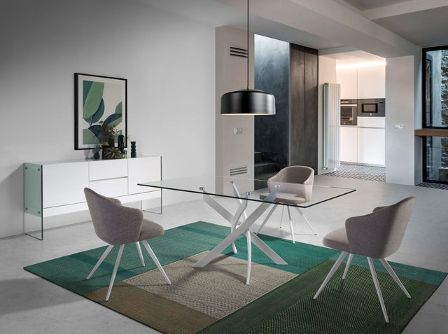 ANGEL CERDA Mesa comedor rectangular cristal templado y acero blanco