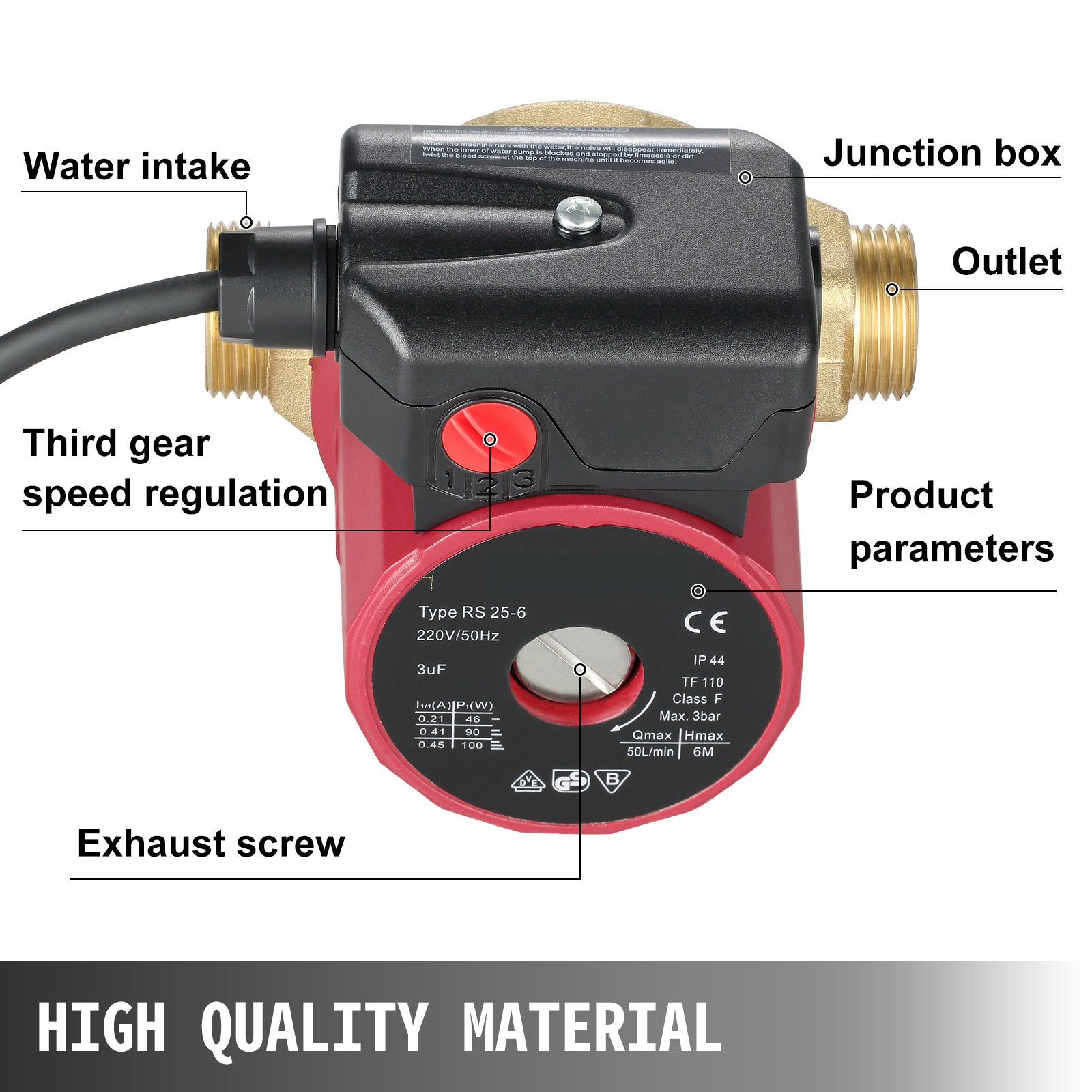 Bomba de circulación 50 L/min SucceBuy, altura 6 m, 3 velocidades, hierro/latón 220 V para ACS, caldera, suelo radiante y solar - 4