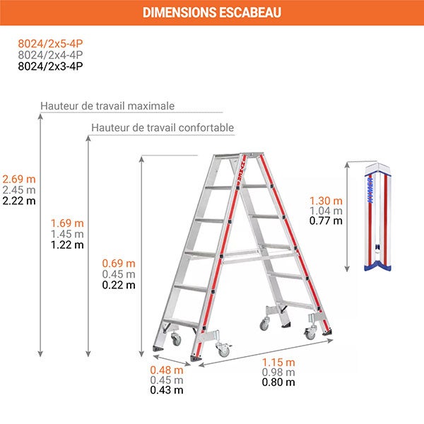 Escabeau double roulant 2x4 marches - Hauteur max. de travail 2,45m - 8024/2X4-4P - 2