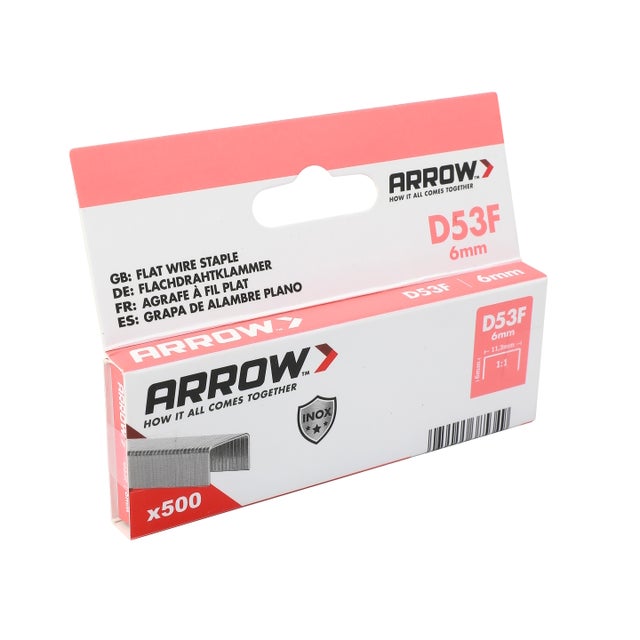 Arrow Agrafes en fil plat D53F 6mm V2A, 500 pièces, agrafes en acier inoxydable pour agrafeuses manuelles, électriques et sans fil