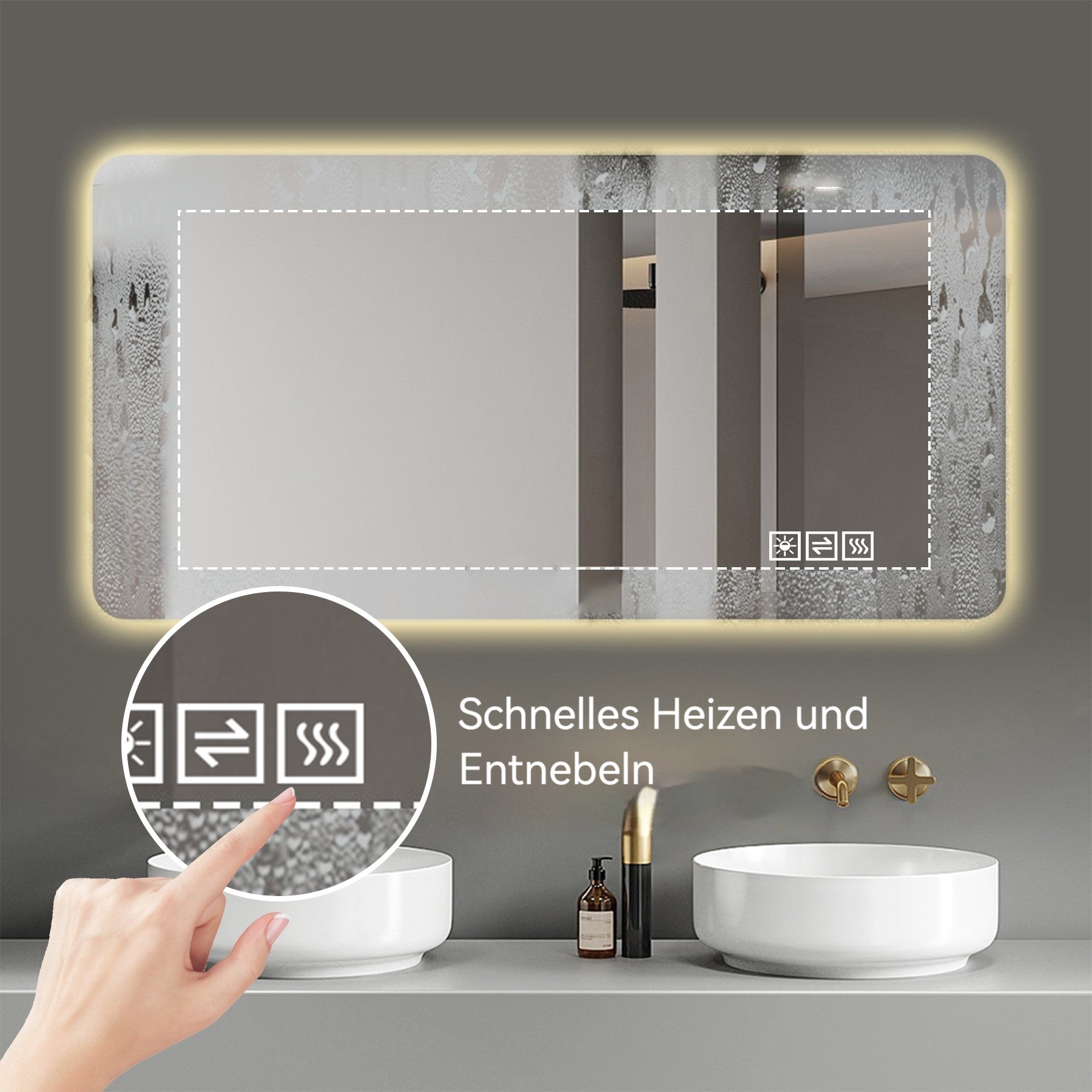 Miroir LED tactile 120x60 cm, 3 températures de lumière, en verre+métal, argent - 8