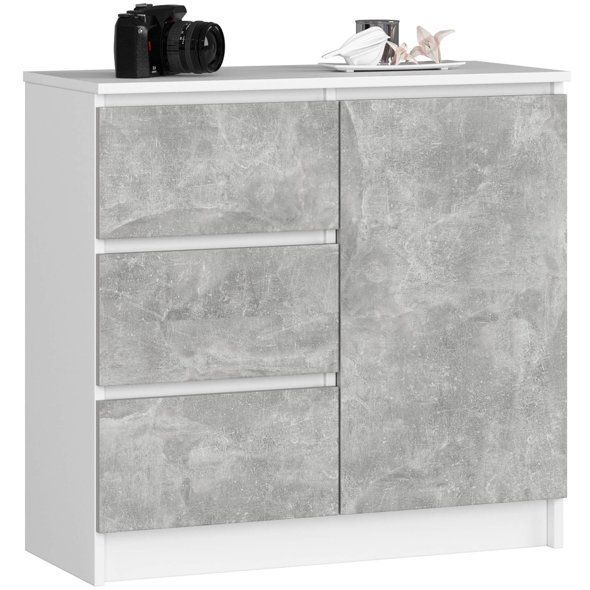 Komoda AKORD JERRY Biała 80 cm 1 drzwi 3 szuflady kolor Beton mat 2 półki 80x35x77 cm