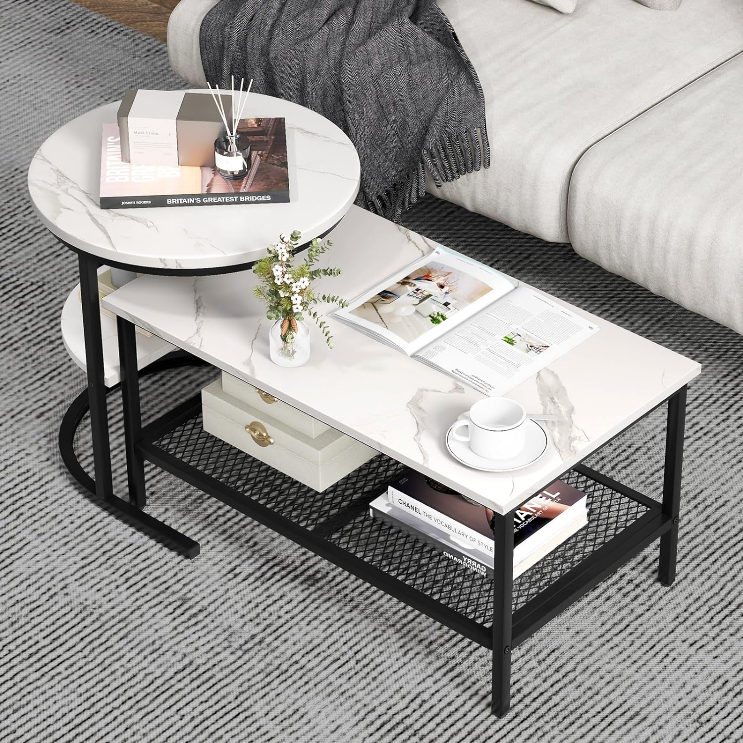 Tables Basses Gigognes Lot de 2,Table Gigogne Design Marbre,Cadre en Métal,Table Salon Rectangulaire - 2