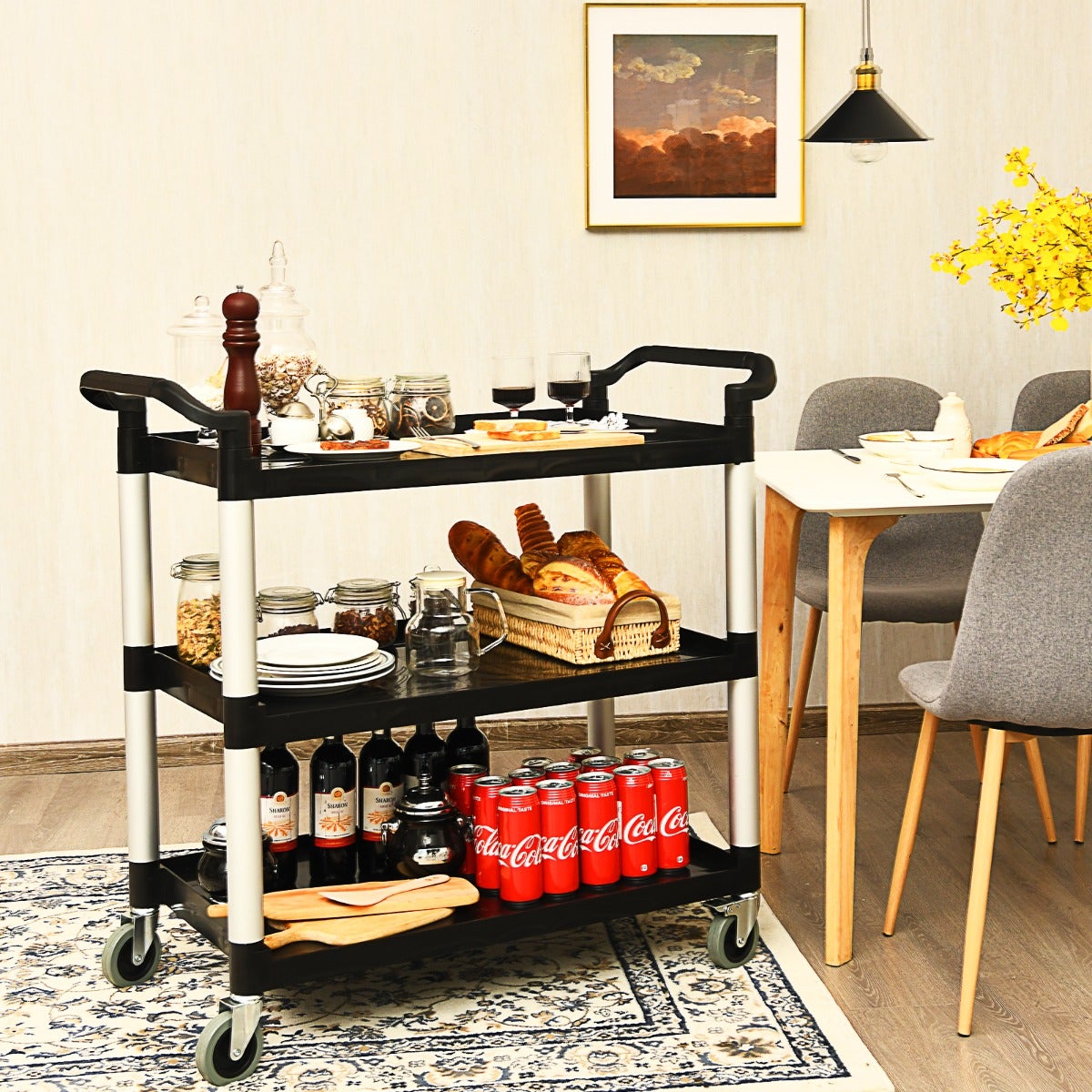 Carro cocina de 3 niveles con asas humanizadas y ruedas para oficina restaurante 103x49x98 cm