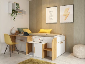 VENTE-UNIQUE - Letto Singolo Con Scrivania Integrata E Vani Portaoggetti Inclusi 90 X 200 Cm Bianco E Rovere Gisele 3480940227458