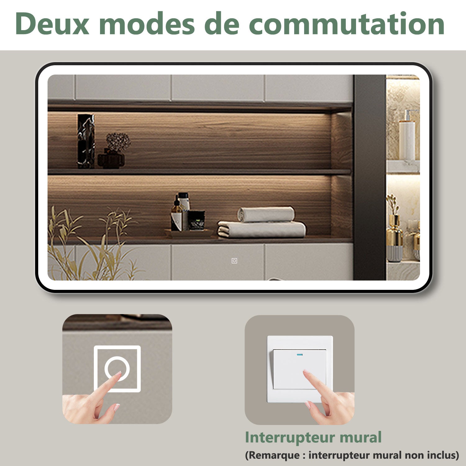 AICA Miroir lumineux 80 x 60cm avec 3 couleurs + dimmable + anti-buée + mémoire, miroir salle de bain led - 6