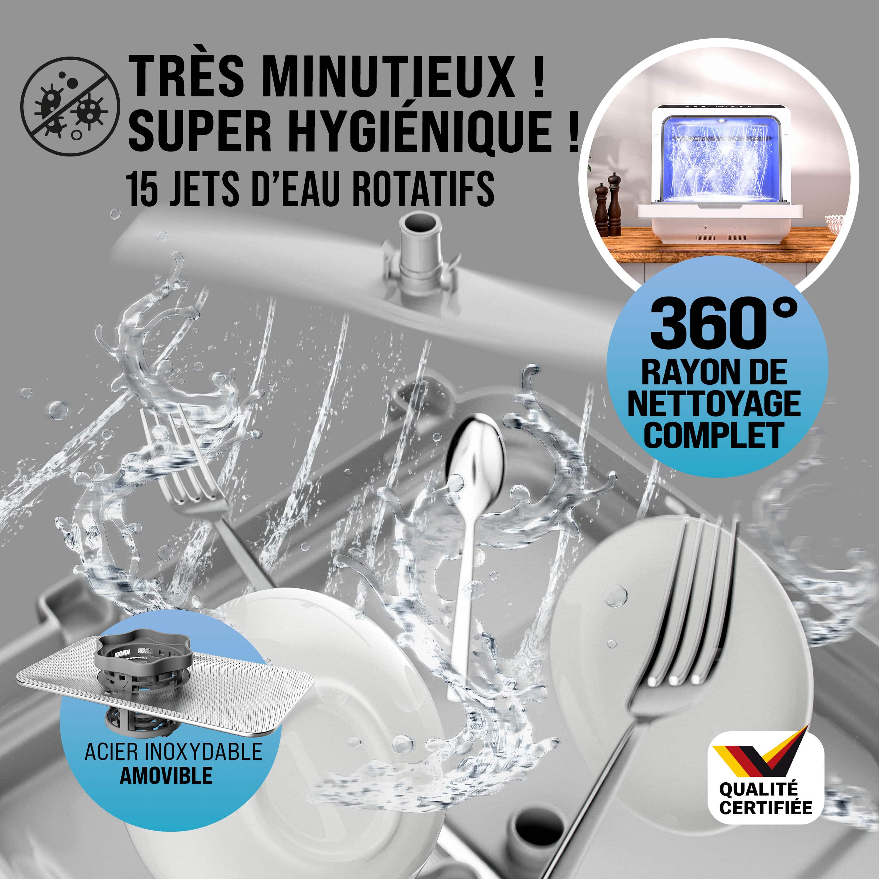 MONZANA® Mini lave-vaisselle Noir-blanc Réservoir d'eau 4,5L lave vaisselle de table 3 couverts App WIFI étudiants couples - 4