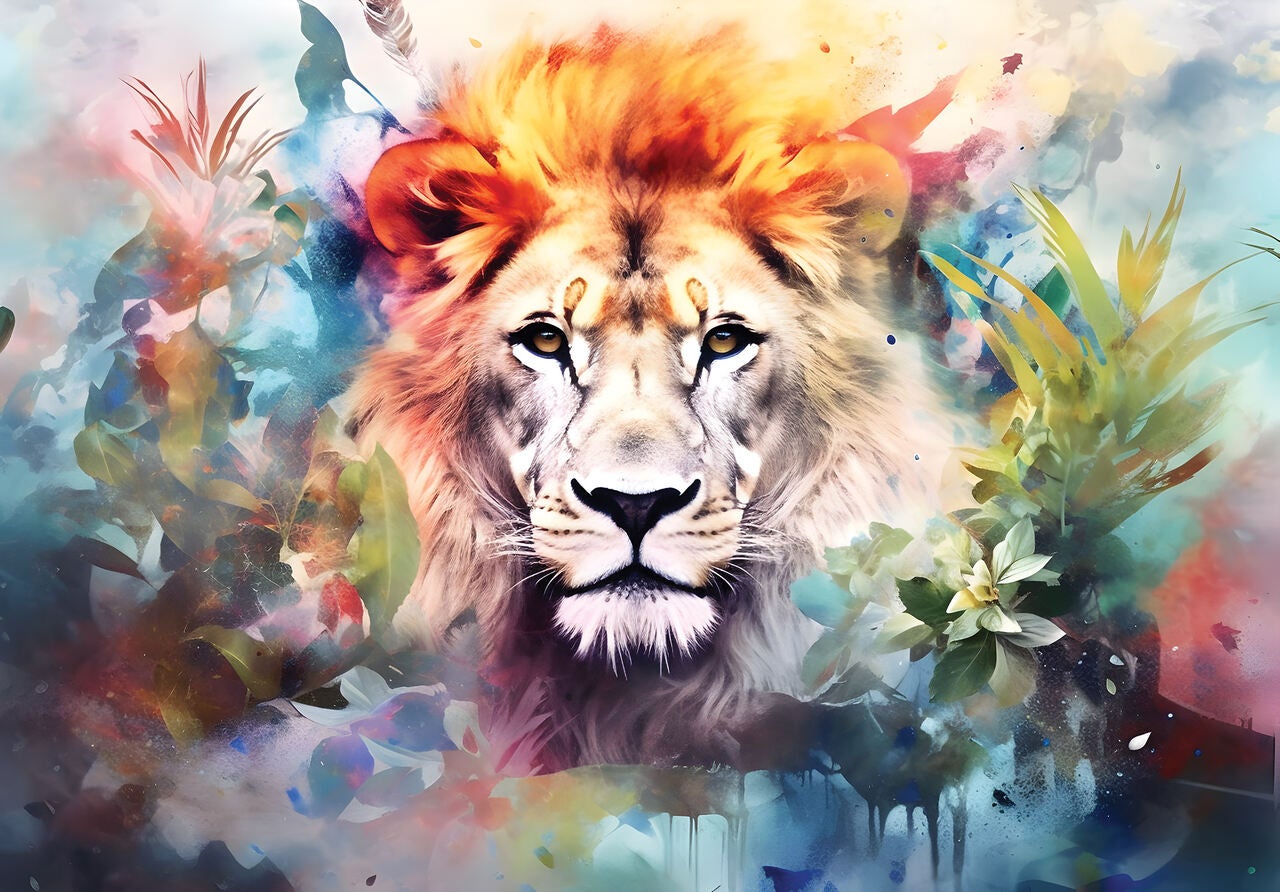 Papel pintado fotografia panorámica león animales acuarela 254x184 cm - incluye cola - moderno salon dormitorio papel no tejido
