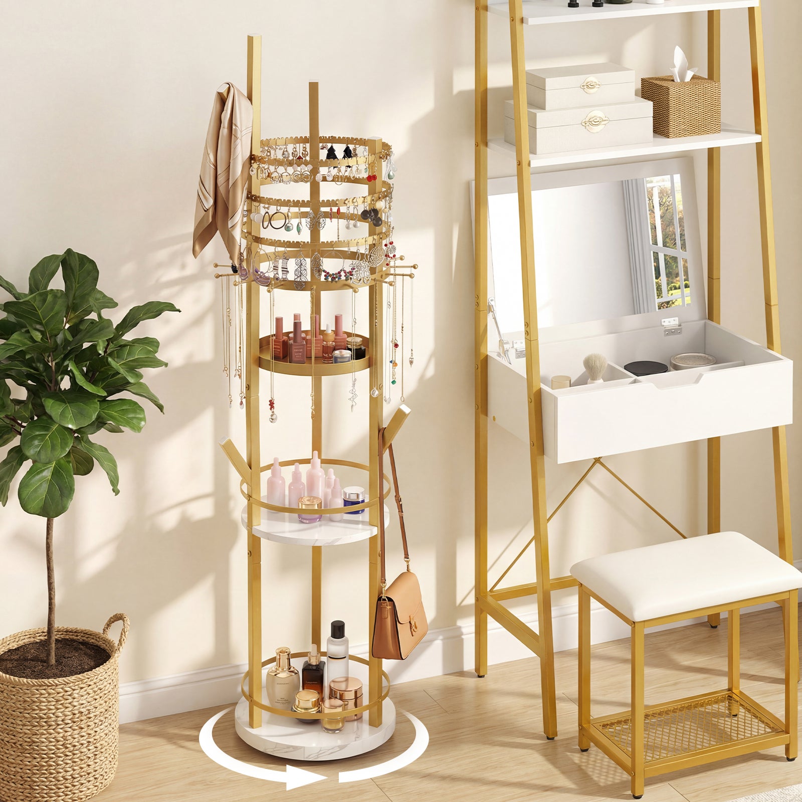 Support Organiseur pour Bijoux, Arbre à Bijoux Pivotant à 360° avec Crochets pour Boucles d'Oreilles et Colliers, 3 Étagères de Rangement, Blanc - 7