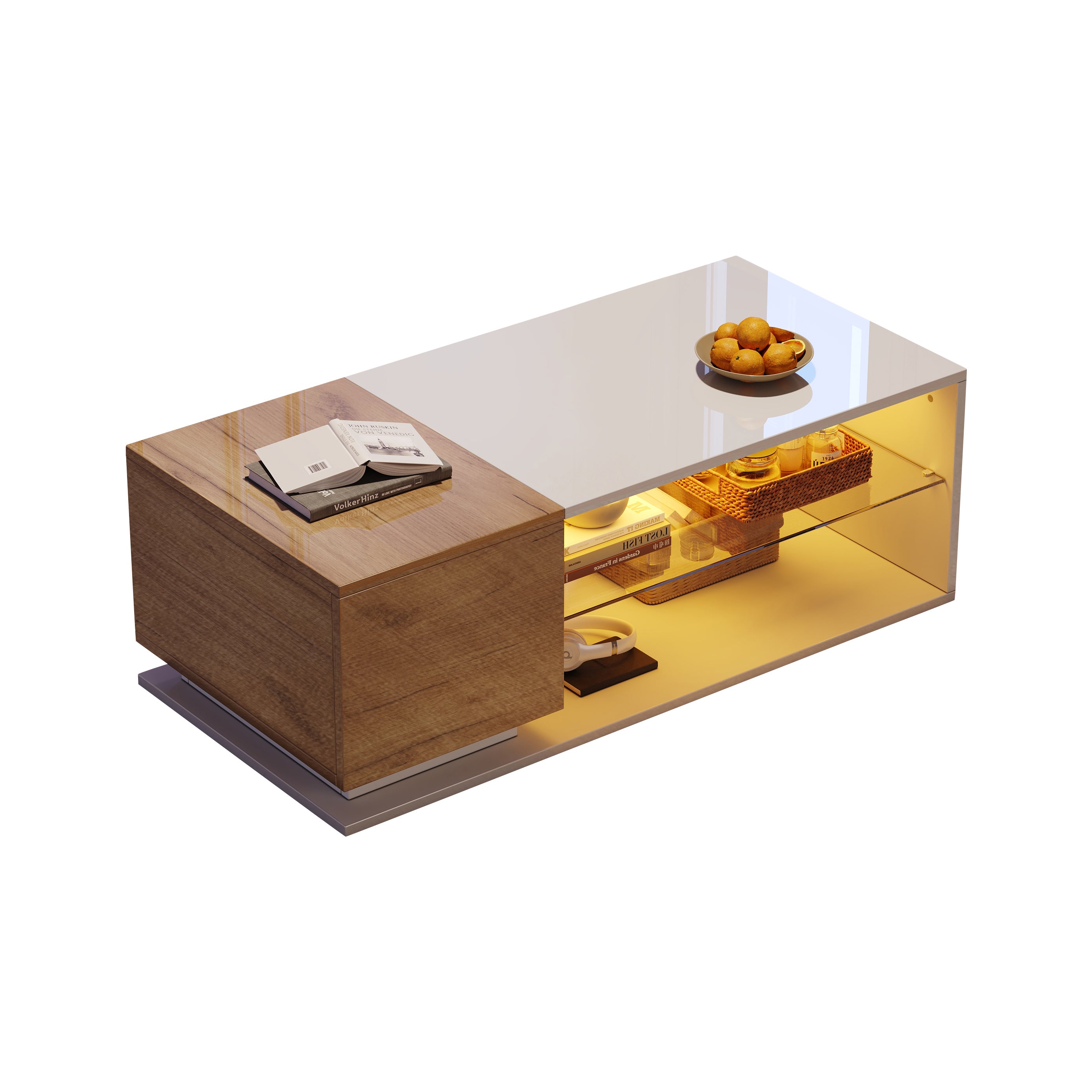 Table basse avec 1 porte et 2 étagères - 105 x 50 x 36 cm - LEDs - Panneau de particules - Blanc - 8