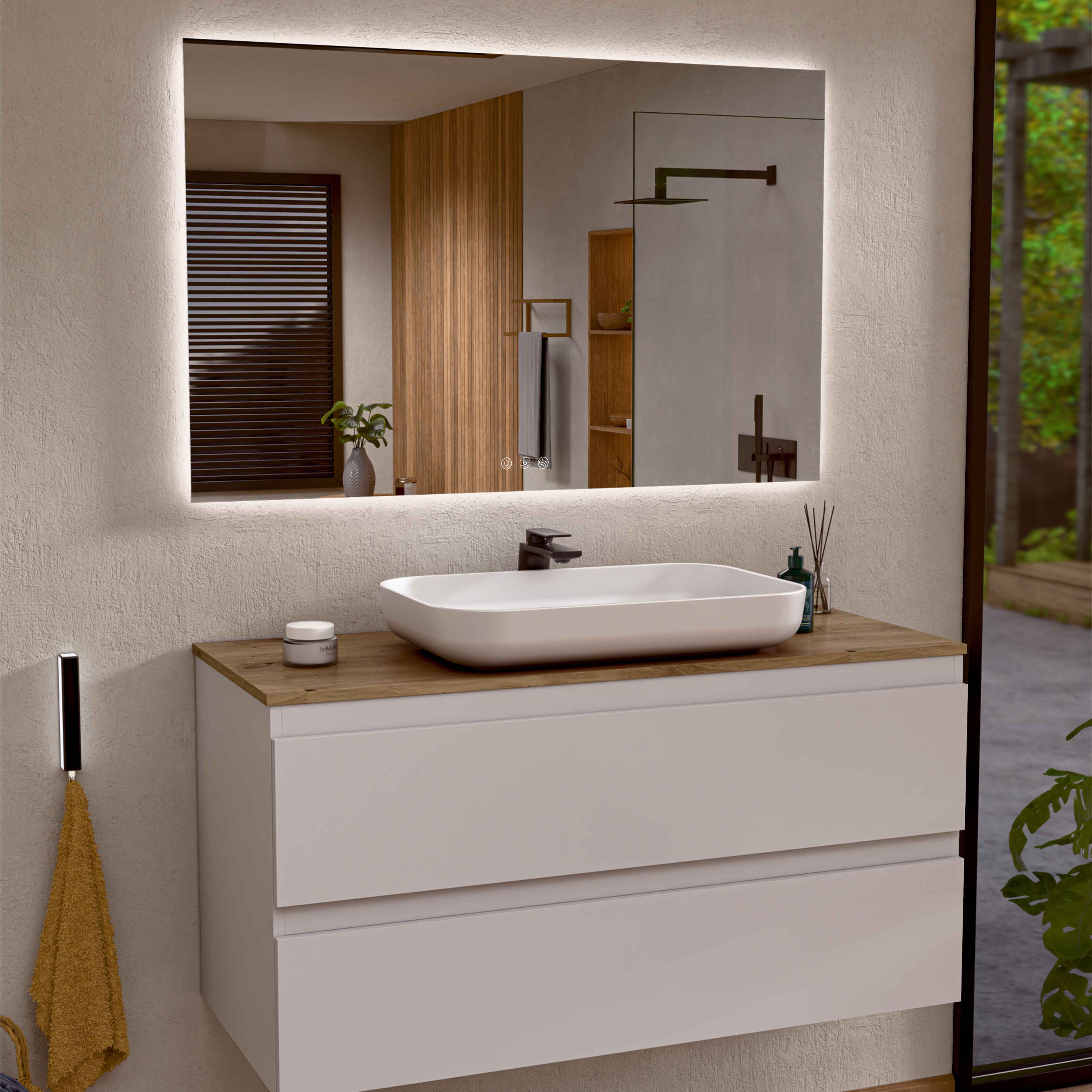 BELLOBATH - Espejo Baño con Luz Led, Luz Ajustable en 3 Colores e Intensidad, Antivaho - Luz Indirecta - 80cm alto x 100cm ancho - 2