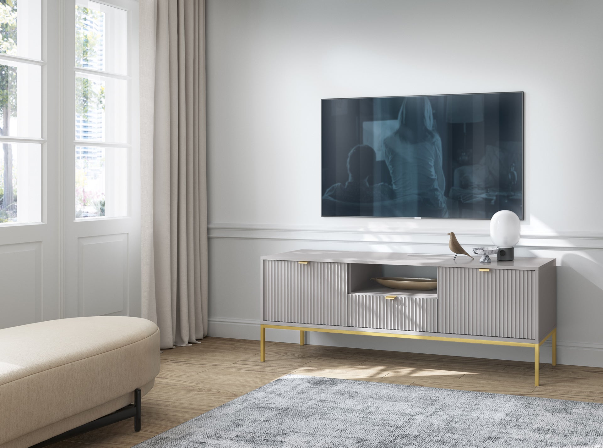 Szafka TV: 1 szuflada, szara, stelaż złoty, 154 x 56 x 39 cm, uchwyty złote - 3