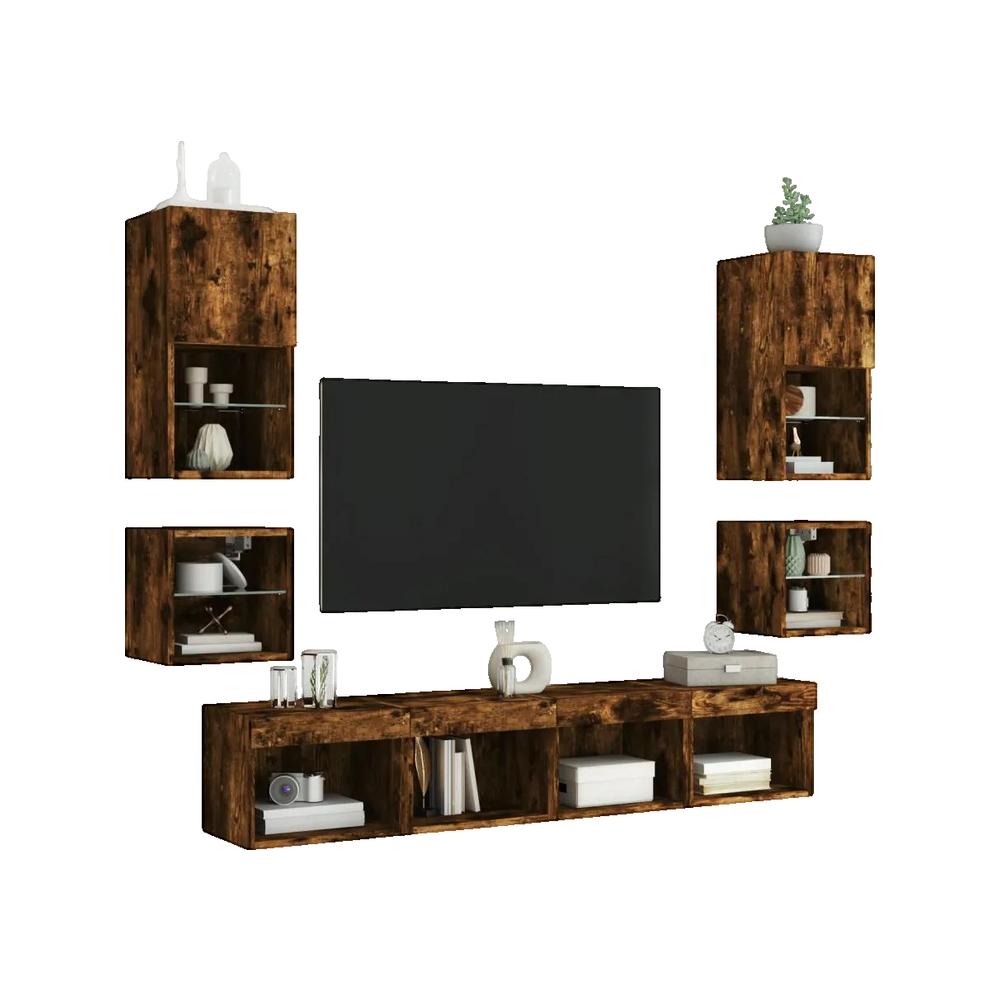 vidaXL Meuble TV mural avec lumières LED chêne fumé 30x28,5x30 cm - 2
