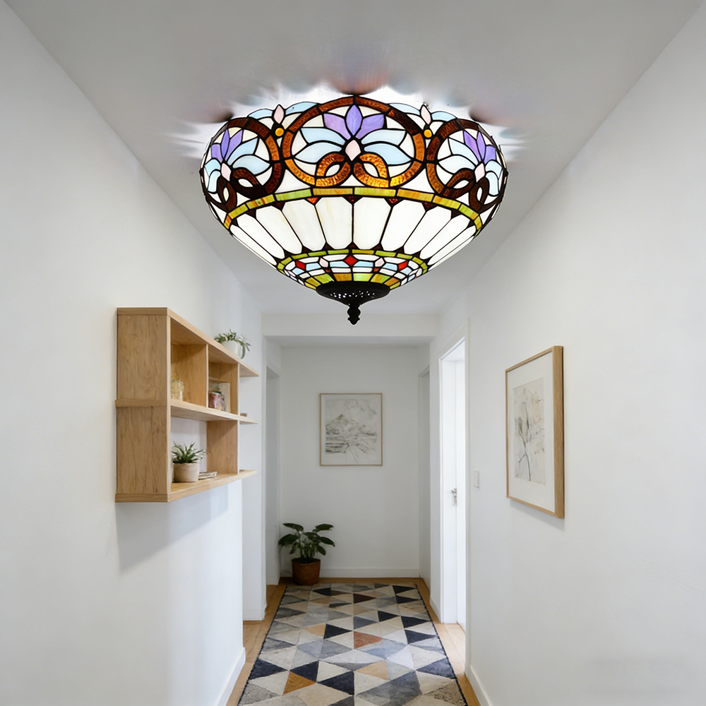Plafonnier Tiffany, Lustre encastré, Suspension en verre, Éclairage d'entrée LED, Lampadaire LED rétro, φ40 cm (ampoule non incluse) - 9
