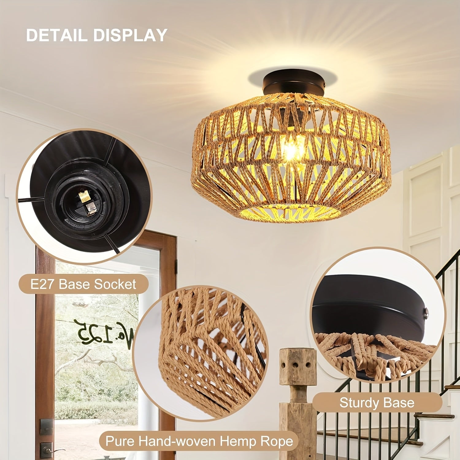 Lot de 2 lampes semi-encastrées style bohème, tissées à la main, ampoules E27, pour chambre, cuisine et couloir - 4