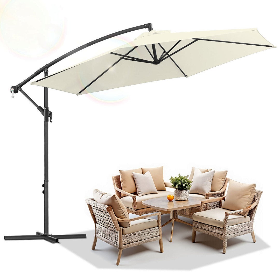 Ombrellone Da Giardino Con Luci LED Solari Fiqops | Diametro 270 Cm | Beige Con Manovella | Protezione UV 50+ | Pieghevole A 30° | Impermeabile - 4