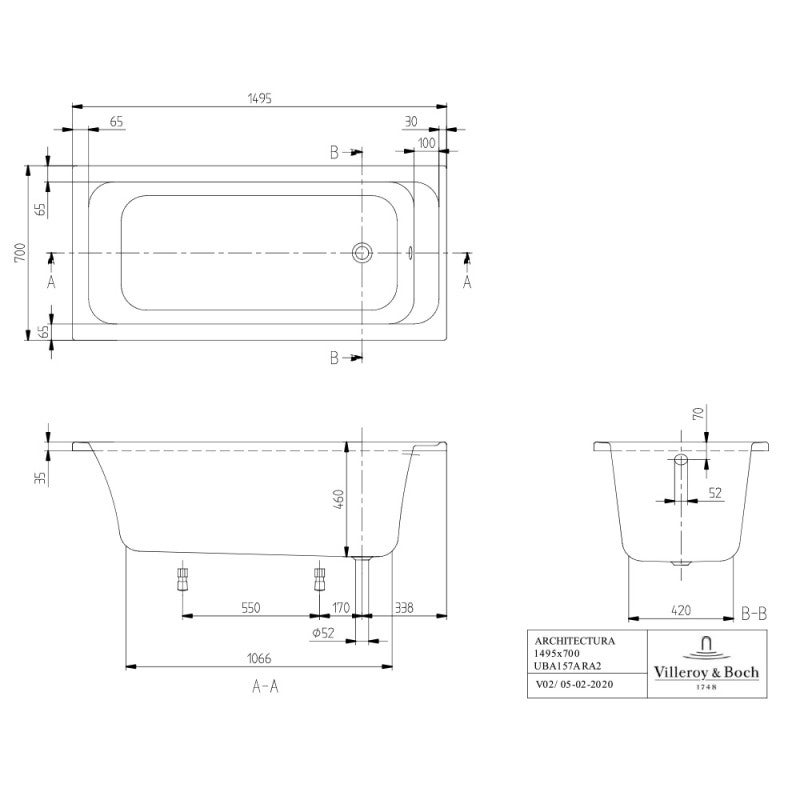 Baignoire droite 150 X 70 VILLEROY ET BOCH Architectura acrylique - 4