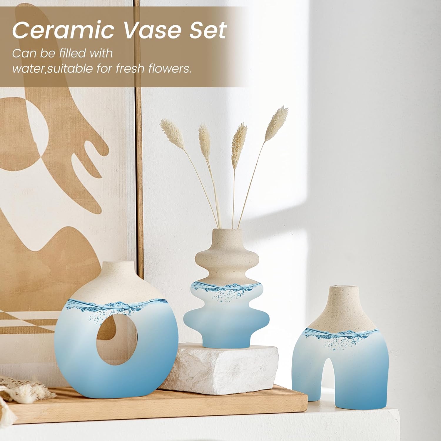 Conjunto de tres jarrones de cerámica beige estilo bohemio moderno apto para la decoración del hogar ideal para hierba de la pampa de forma redonda - 5