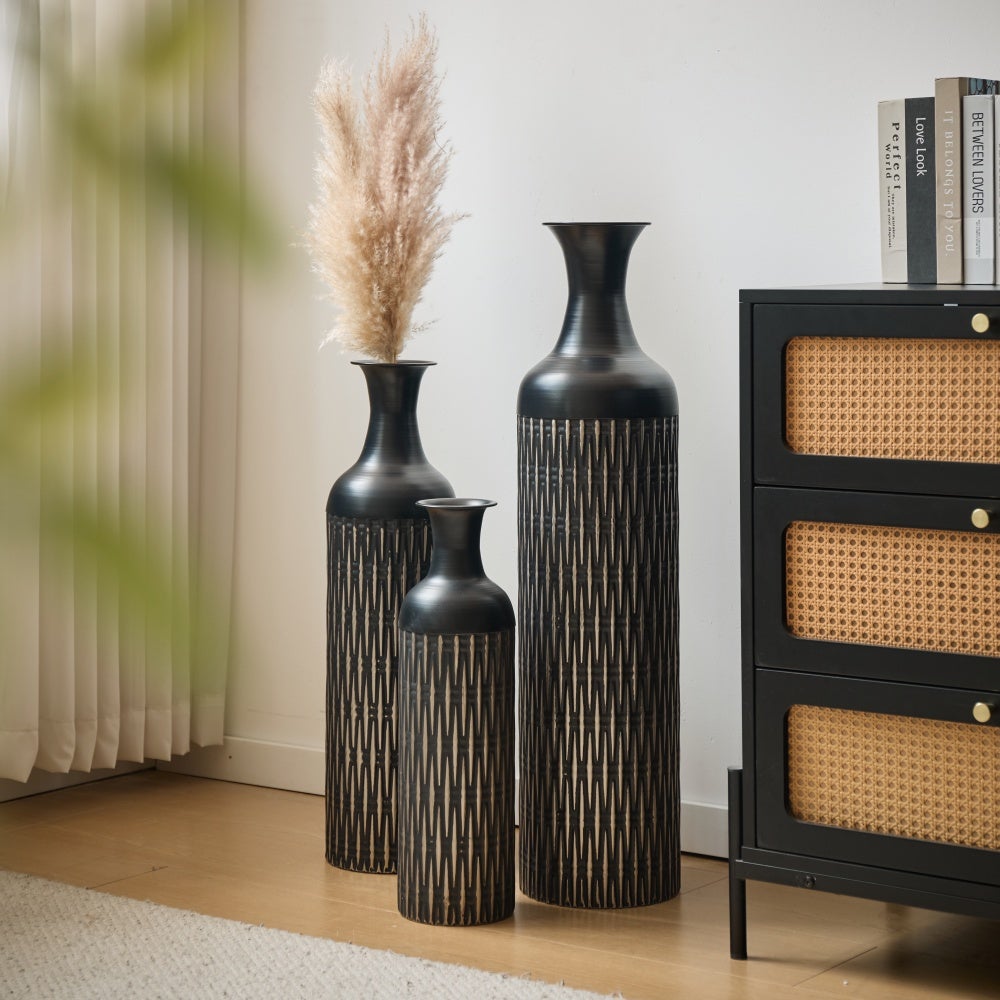Lot de 3 Grands Vases de Sol Cache-Pot Industriel Rainuré 50/66/83 cm Métal Noir - 6