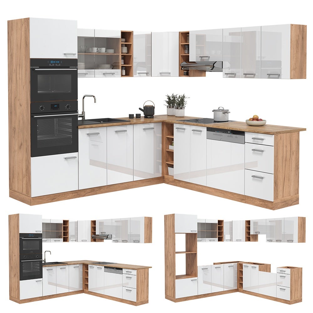 Vicco Cuisine en angle R-Line, Blanc Haute brillance/Chêne de force doré, 247 x 237 cm sans PT - 8