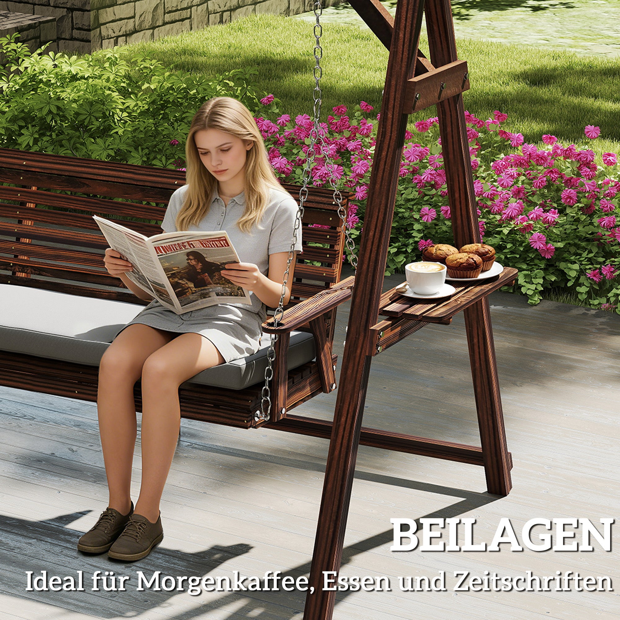 Swing hollywoodien balançoire jardin bois 3 places coussin assise étagères jusqu'à 330 kg calcinées - 8