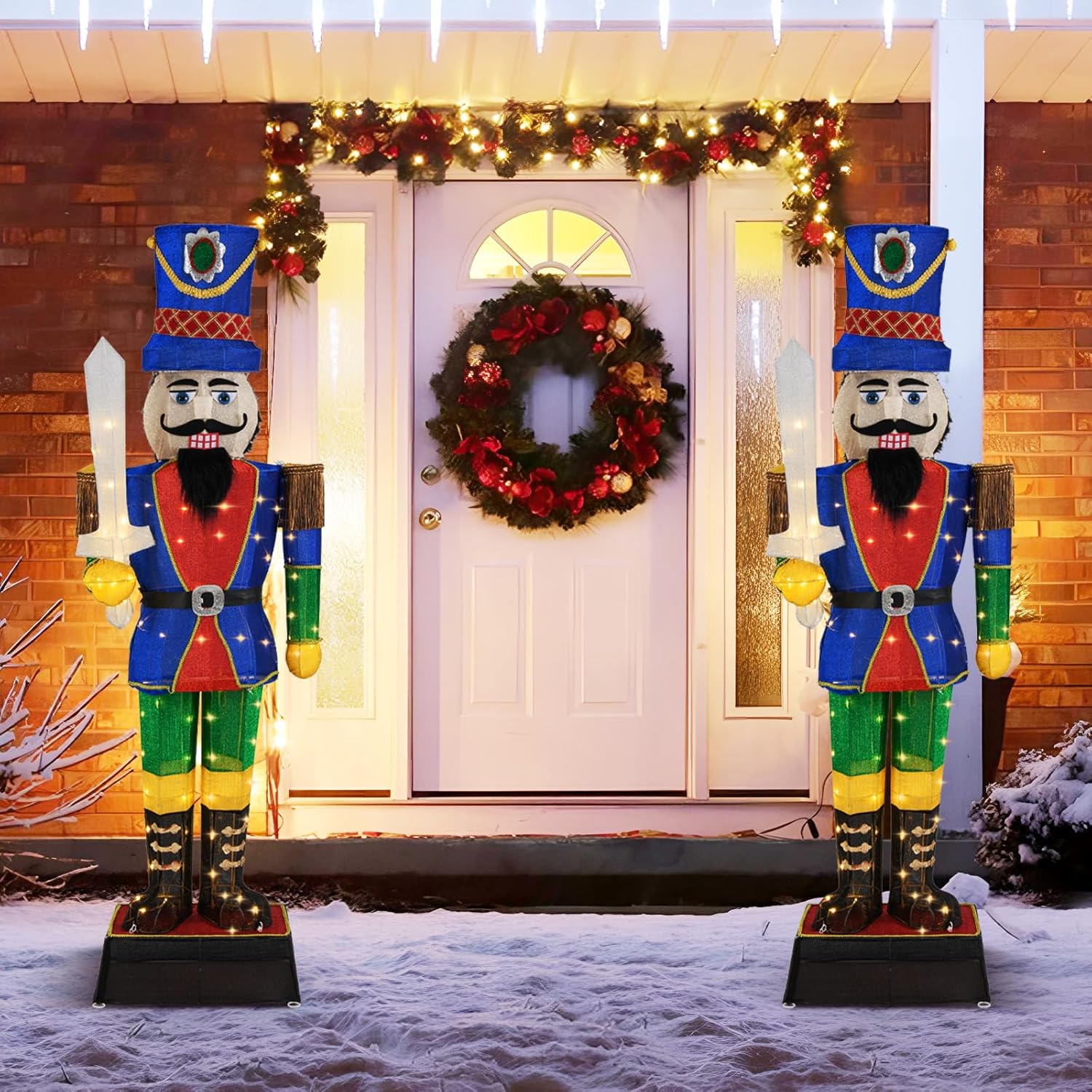 184 CM Soldado Cascanueces Grande de Navidad, Soldado Decorativo Iluminado con Espada, 110 Luces LED, Sujetacables y Estacas, Decoración Navideña Exte - 9