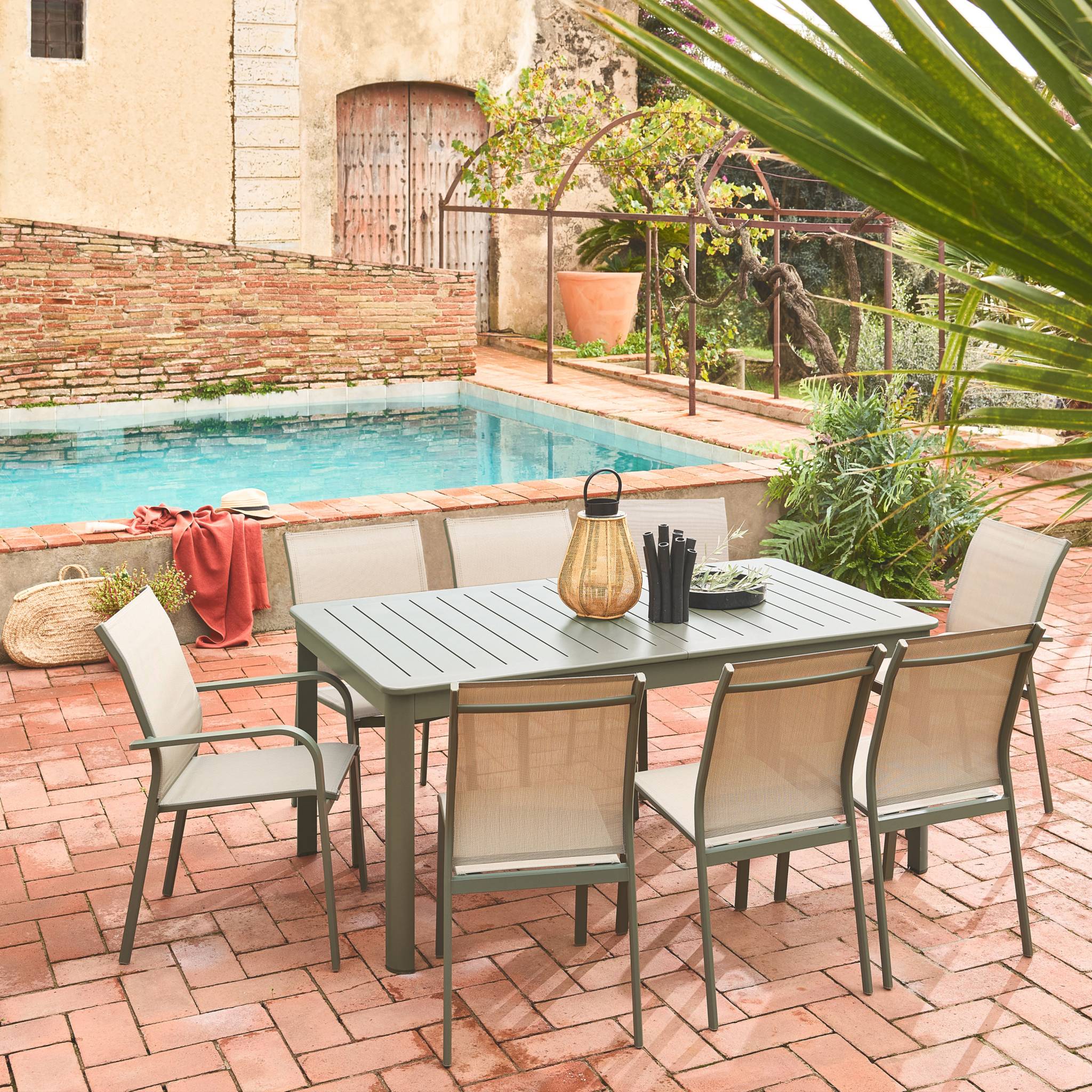 Tavolo da giardino allungabile in alluminio con 6 sedie e 2 poltrone, Verde kaki - 2