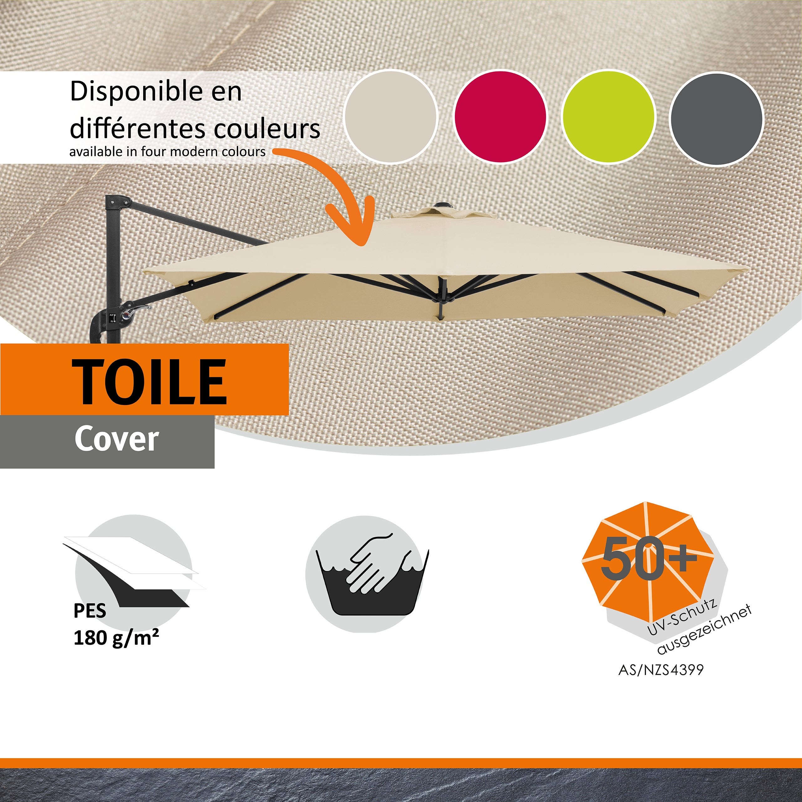 Parasol déporté Schneider Rhodos Junior naturel, 230 x 230 cm – rotatif 360°, avec housse - 6