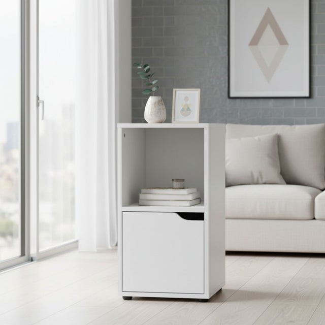 MOBLEKIT | Estantería Cubo 2 Compartimentos con 1 Puerta 30x29x61 cm, Mueble Auxiliar Blanco de Madera