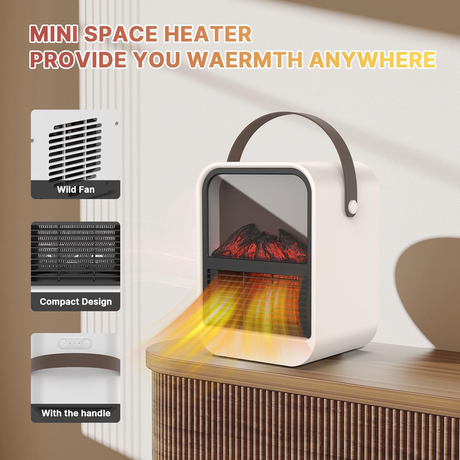 Miniaturowy energooszczędny grzejnik wentylatorowy, 1500 W efekt kominka elektrycznego, ogrzewanie pomieszczeń, [bezpieczny i cichy] - 7