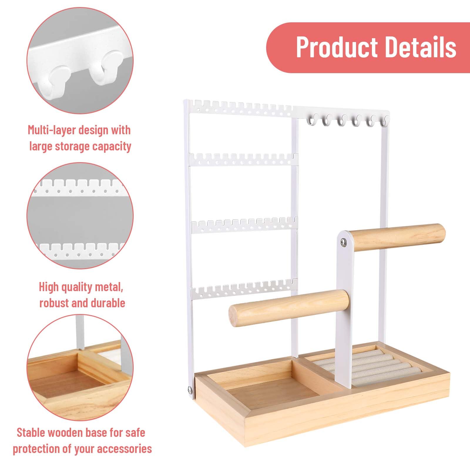 Présentoir à bijoux porte-chaîne en Metal et Bois Durable,4 niveaux, avec Plateau et Crochets,rangement pour bagues, boucles d'oreilles,bracelets - 5