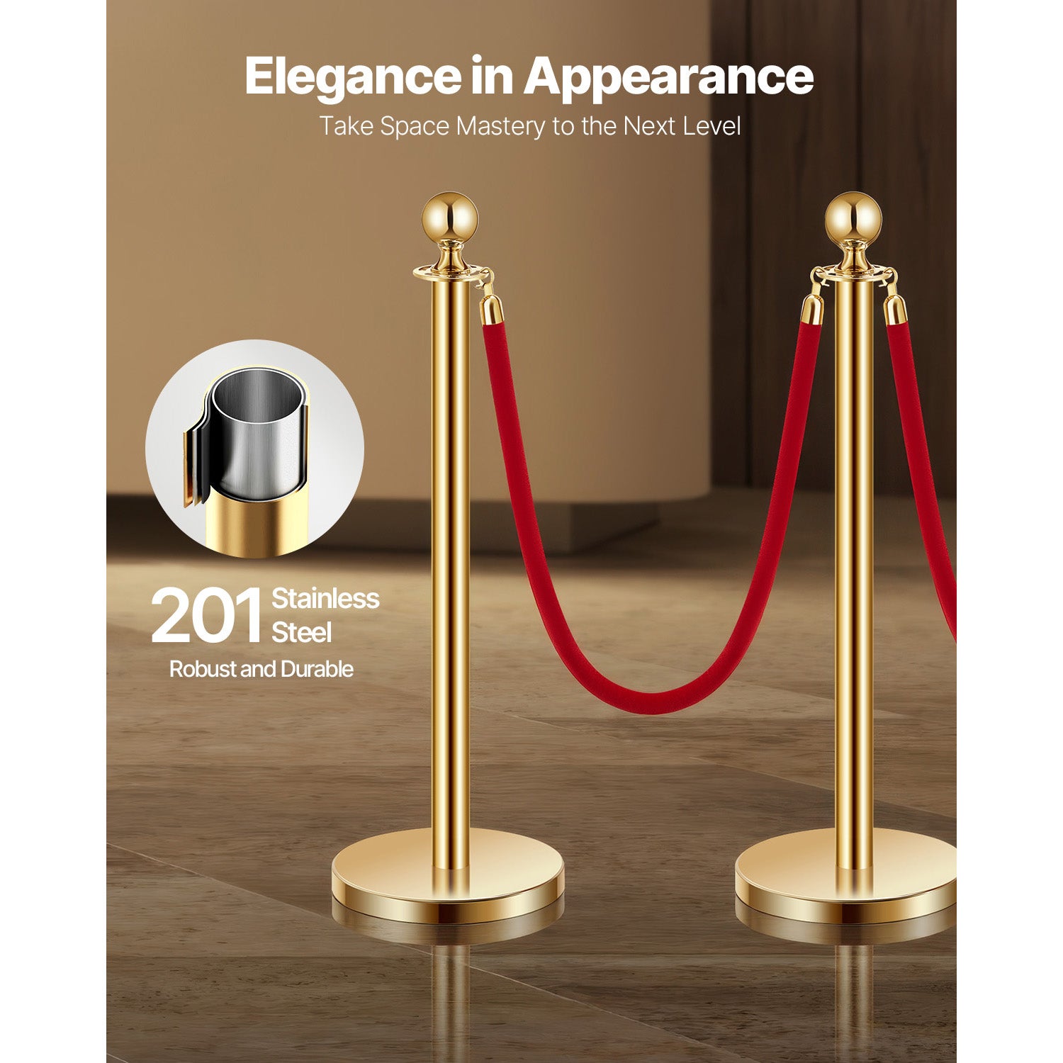 Pali barriera dorati SucceBuy in acciaio inox, set da 4 con 3 corde in velluto rosso, base cava, per eventi e feste, 110V 500W - 4