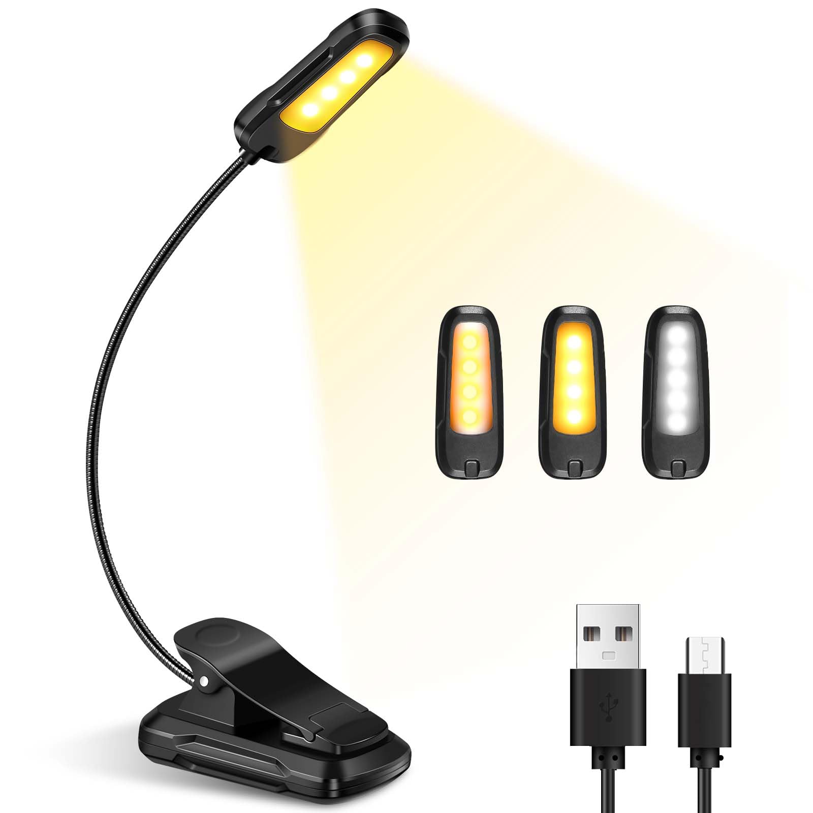 Ładowalna lampka do czytania LED, 3 tryby jasności x 3 kolory (biały/ciepły/biały ciepły), elastyczne ramię 360°, lampka do czytania książek w łóżku