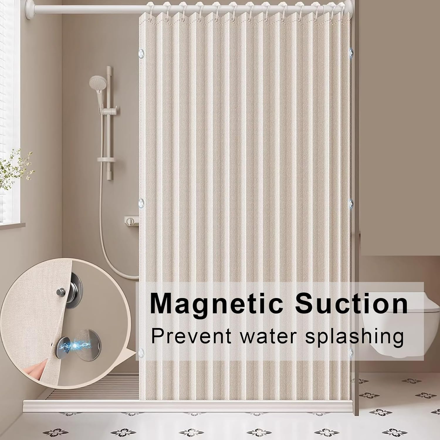 Tenda da doccia magnetica pieghevole, impermeabile e antimuffa, magnetica, in lino spesso, senza fodera, beige, 120 x 200 cm. - 2