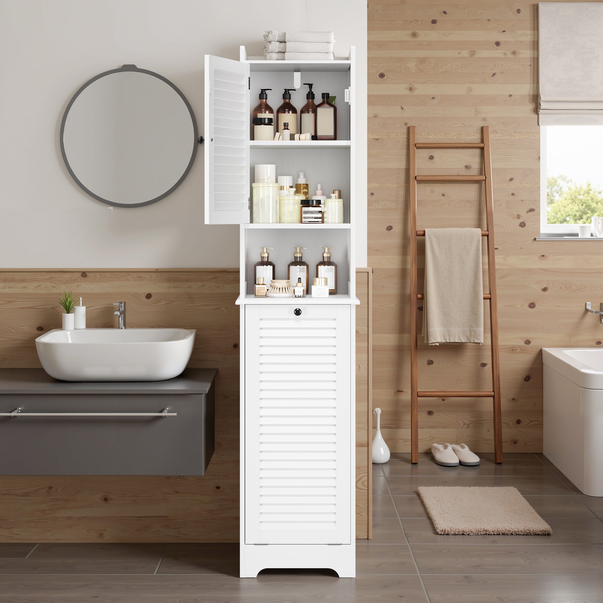 Armadio a colonna per bagno per stoccaggio a piedi con 1 porta, 1 compartimento, ripiano e 1 cesto per roba sporca Bealife - 9