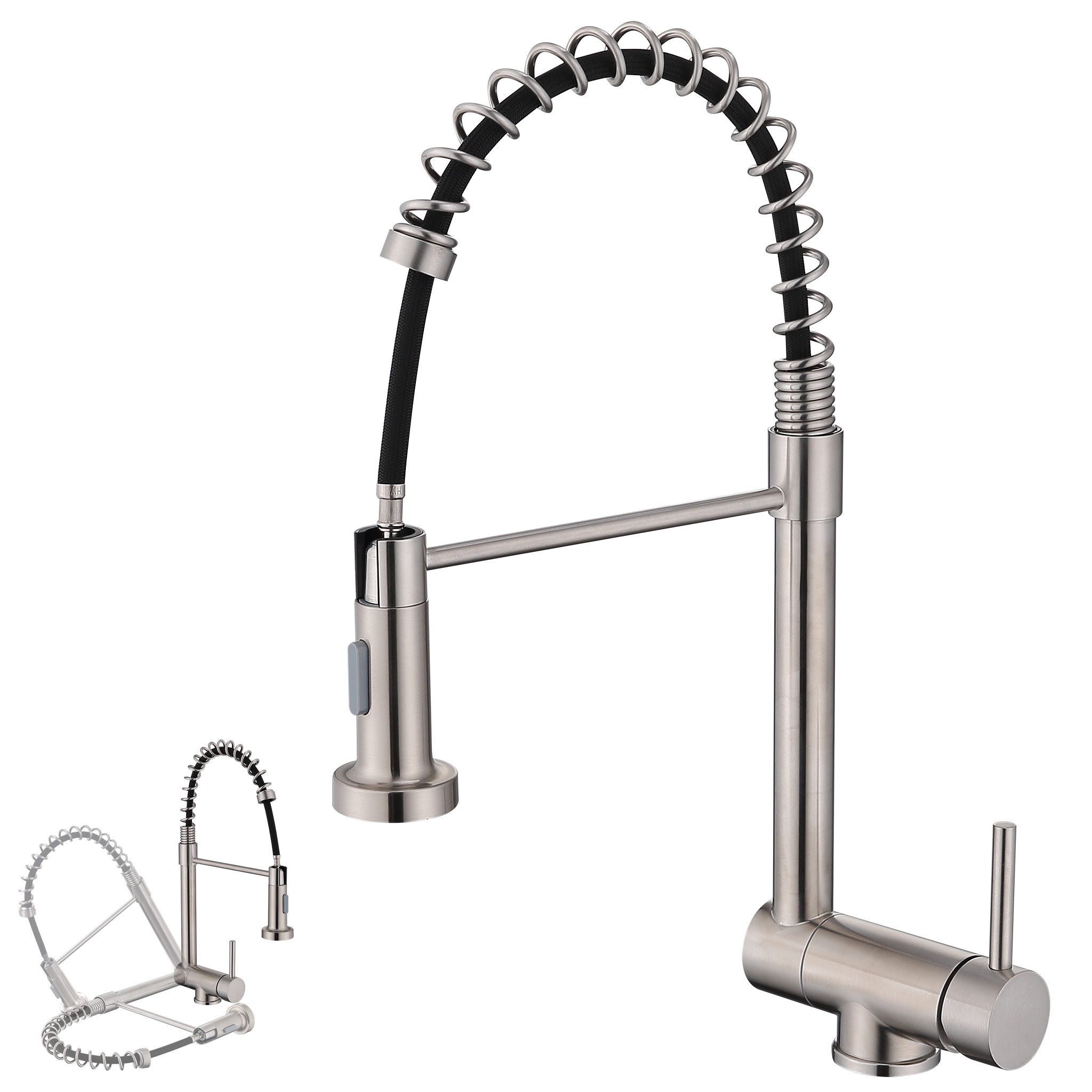 Składana bateria kuchenna ze szczotkowaną baterią, sprężynowa bateria kuchenna z 2-funkcyjną słuchawką prysznicową, obrotowa 360°