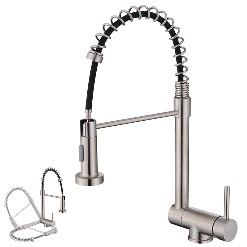 Składana bateria kuchenna ze szczotkowaną baterią, sprężynowa bateria kuchenna z 2-funkcyjną słuchawką prysznicową, obrotowa 360°