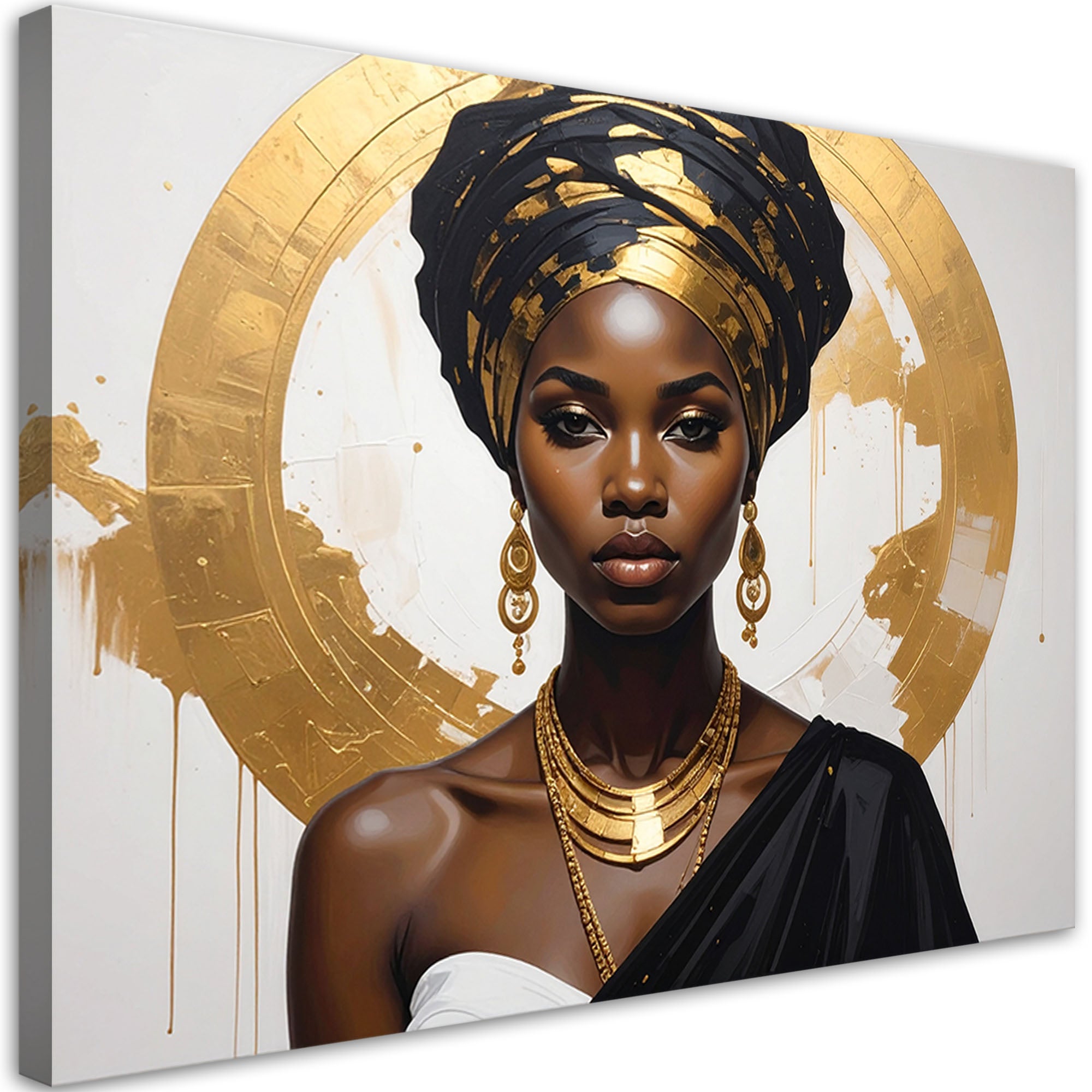 Obraz do salonu sypialni, Portret kobiety w złotym turbanie w stylu glamour 120x80