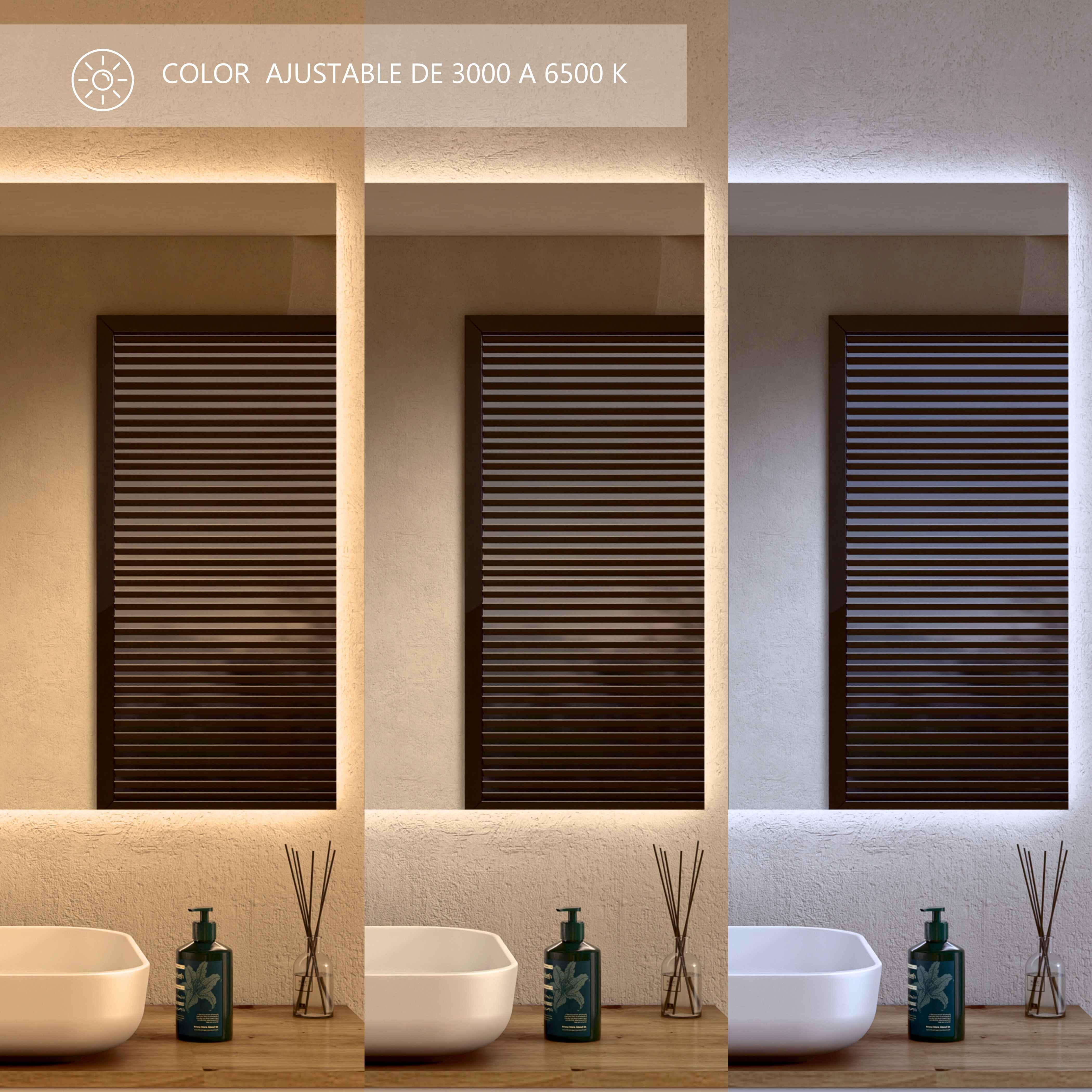 BELLOBATH - Espejo Baño con Luz Led, Luz Ajustable en 3 Colores e Intensidad, Antivaho - Luz Indirecta - 80cm alto x 100cm ancho - 5